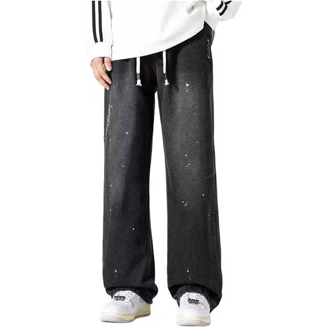 加荣 泼墨夏季轻薄透气潮牌青少年户外出行百搭日系复古宽松休闲小众设计抽绳松紧腰水洗痞帅直筒裤子牛仔裤 男女同款