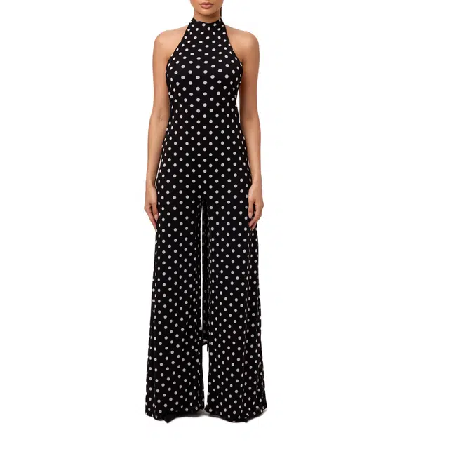 NAKED WARDROBE Polka Dot Halter Wide Leg Jumpsuit Mesh