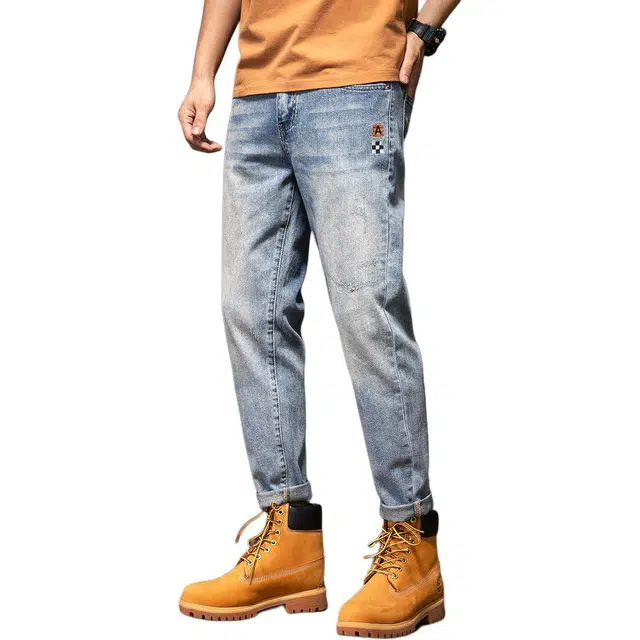 潮人榜 夏季美式高街复古修身小脚九分裤子男潮牌百搭通勤休闲痞帅时尚高端牛仔裤 男款