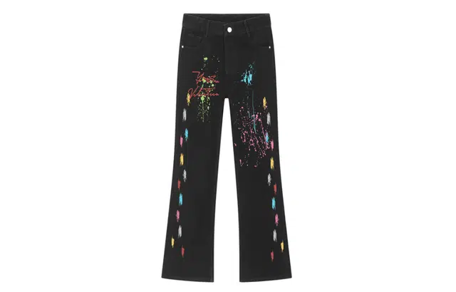 宜而爽 美式高街复古创意手绘笔刷泼墨字母印花水洗做旧高级感中腰显高显瘦直筒休闲长裤通勤宽松垂感直筒阔腿微喇牛仔裤 男女同款