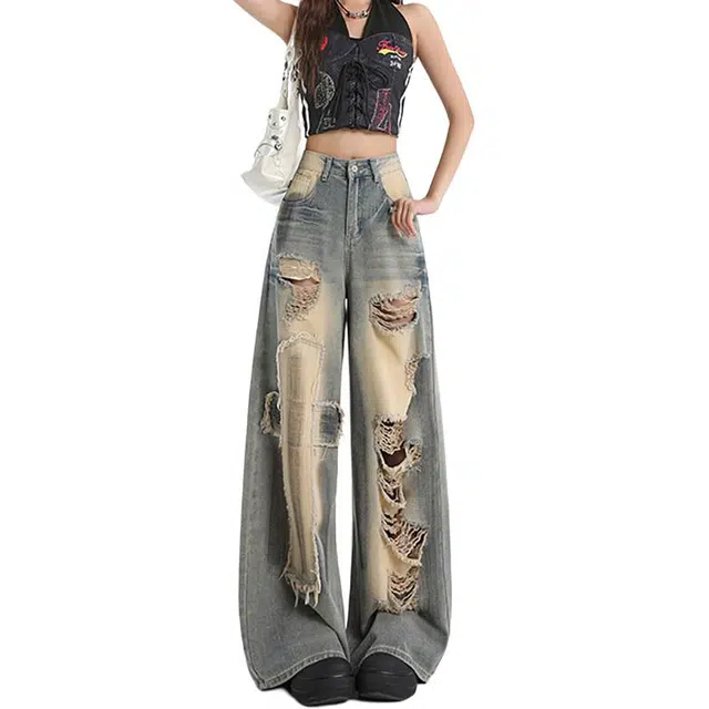 如续 复古炸街贴布破洞女夏薄款阔腿裤设计感宽松做旧拖地乞丐裤牛仔裤 女款
