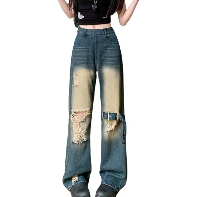 兰缪 侧拉链工装微喇叭破洞直筒裤美式复古高腰显瘦牛仔裤 女款