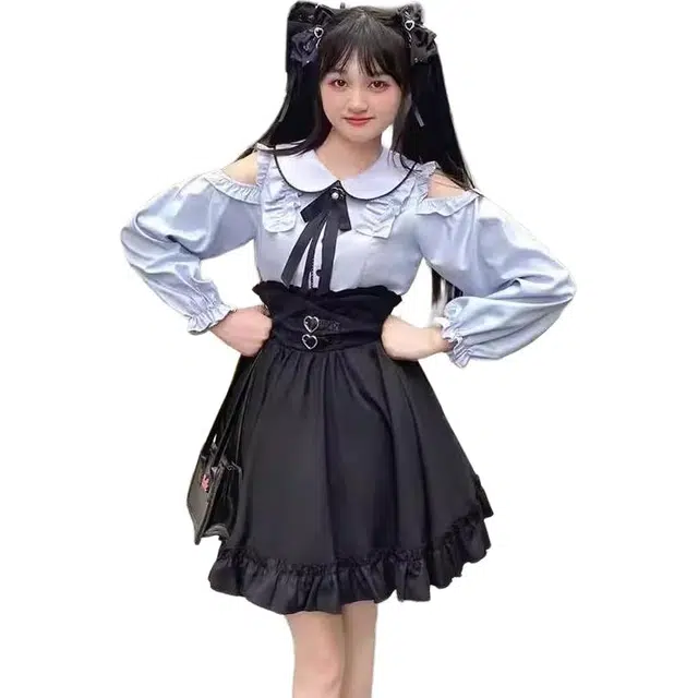 桴生 甜美可爱娃娃领露肩衬衫上衣收腰半身裙子女两件套秋季 长袖连衣裙 女款