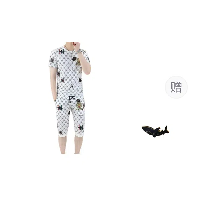 大白鲨 冰丝夏季速干短袖七分裤休闲运动套装 男款