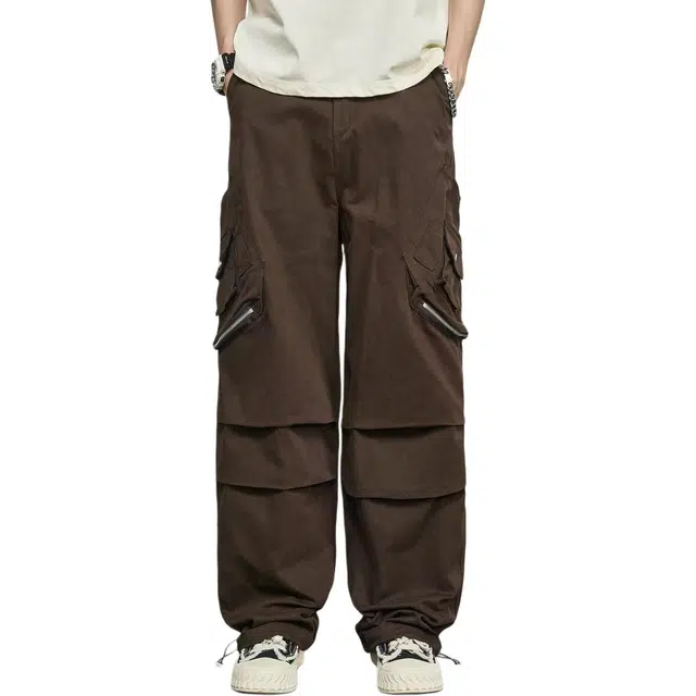 童先森 美式复古大口袋直筒纯色中腰长裤工装裤 男款