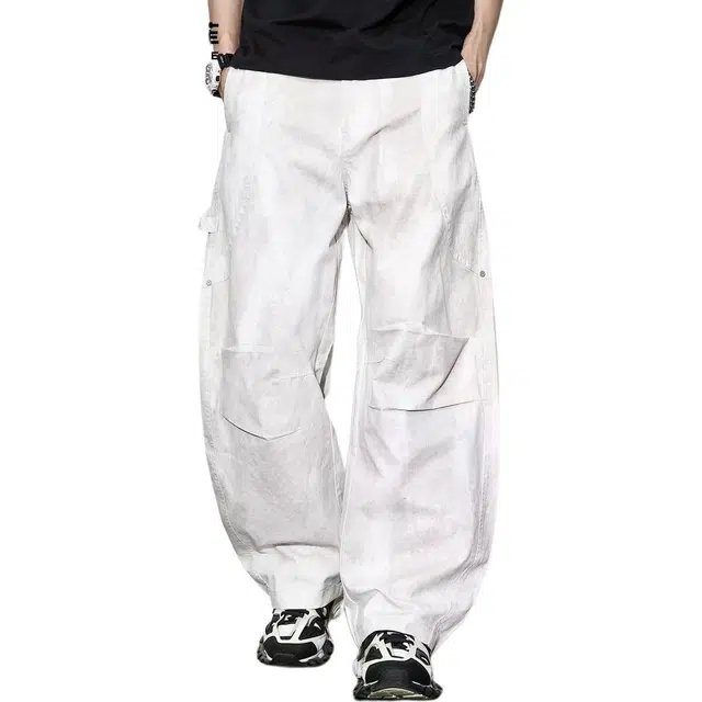 童先森 宽松褶皱设计感美式高街纯色裤中腰长裤休闲裤 男款