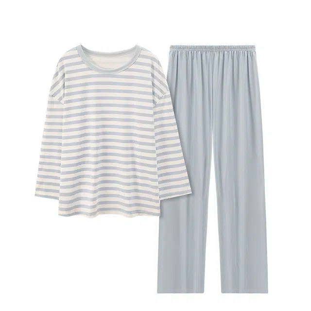 顶瓜瓜 圆领条纹简约舒适可外穿家居服睡衣套装 女款