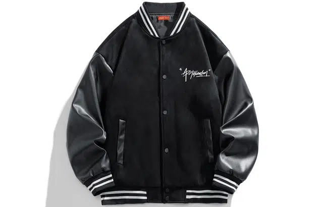 宜而爽  美式潮流学院风背面个性猫爪图案个性签名字母印花麂皮绒宽松直筒落肩棒球领拼接撞色单排扣休闲时尚百搭通勤长袖棒球服 男女同款