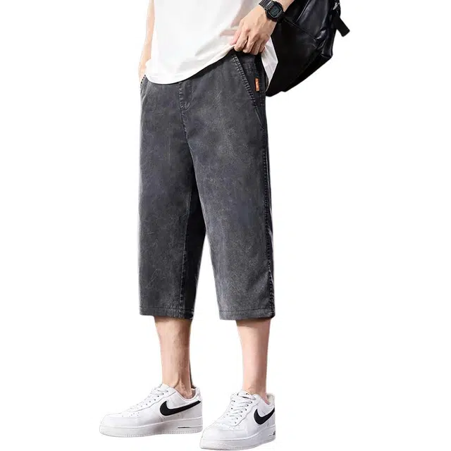 协协乐 莱赛尔天丝夏季冰丝薄款凉感透气高街美式潮牌宽松做旧复古水洗直筒休闲七分中裤牛仔短裤 男款