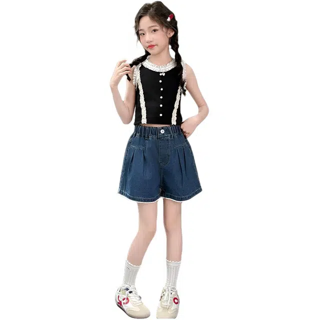 天才小熊女童夏季运动裤大童潮牌小孩衣服 青少年 打杆蘑菇刺绣短裤 洋气时髦 韩版直筒板