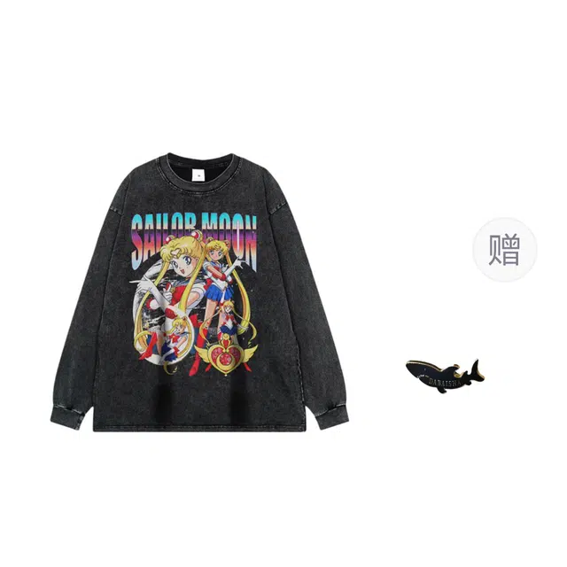 大白鲨 日系高街国潮动漫卡通印花水洗做旧打底上衣卫衣 男款