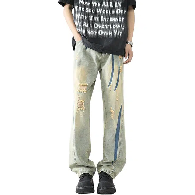 宝米卡 美式破洞直筒裤子宽松休闲痞帅牛仔裤 男女同款