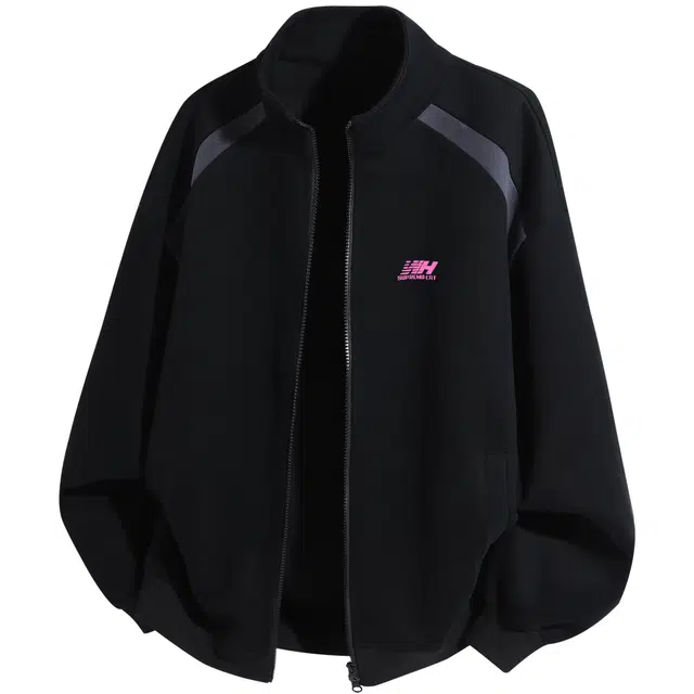 吾皇猫 美式复古高街简约字母印花百搭拼接设计感立领休闲宽松时尚潮流开衫长袖夹克外套 男女同款