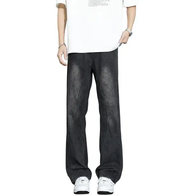 宝米卡 拼接美式高街裤子提档版型高个子微喇直筒裤牛仔裤 男女同款