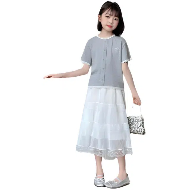 木木兔裙装套装 时髦洋气女童夏装衣服大童潮牌短袖小学生童心之声假开衫蛋糕裙女孩