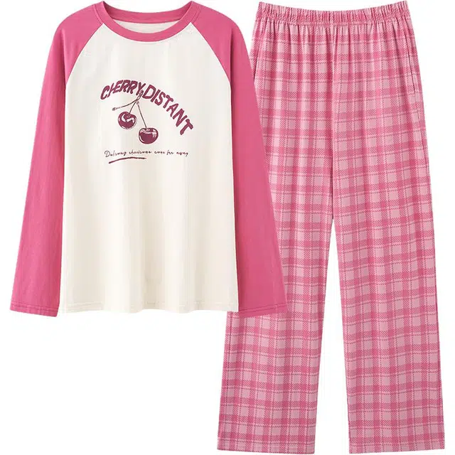 俏佳人 带胸垫纯棉圆领套头拼色格纹休闲宽松柔软舒适可外穿长袖长裤家居服睡衣套装 女款