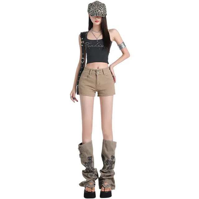 玫丝朵 美式复古修身高腰双扣设计辣妹牛仔短裤 女款