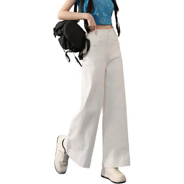 法文箱子 复古阔腿直筒纯色高腰长裤牛仔裤 女款