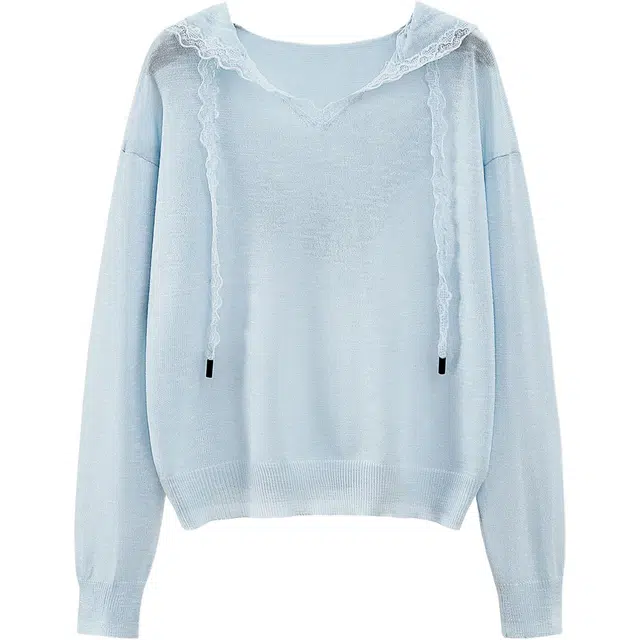 她池 小清新甜美风宽松款花边拼接短款套头连帽长袖针织衫 女款