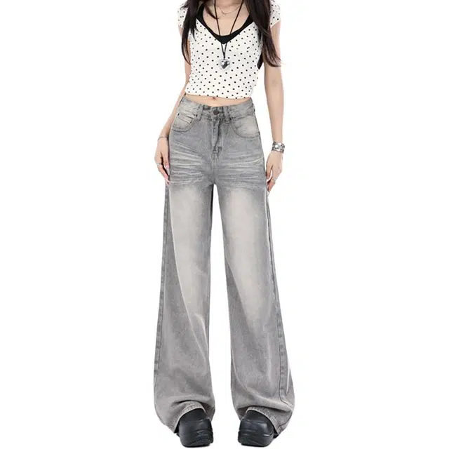 如续 松弛感穿搭｜早秋穿什么｜审美积累 波纹灰阔腿裤 常规&加长牛仔裤 女款