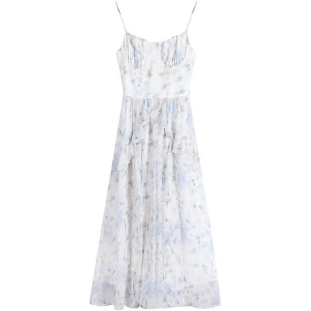 小卷要加油 蓝铃碎花晕染甜美温柔风气质显瘦仙女吊带连衣裙 女款 精美礼盒装款式