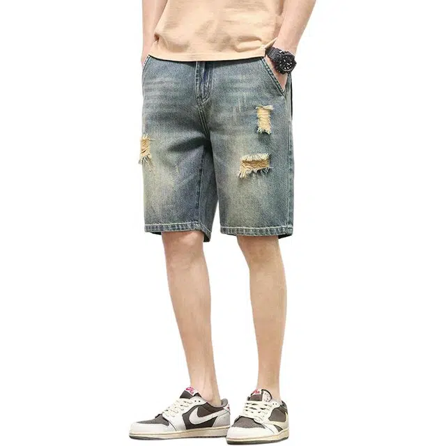 隐狼世家 破洞休闲五分裤中腰牛仔短裤 男款