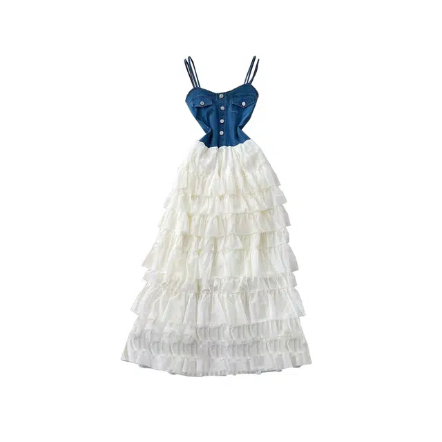 敲模女孩 法式慵懒风小清新绝美中长款牛仔拼接网纱裙度假风吊带连衣裙 女款