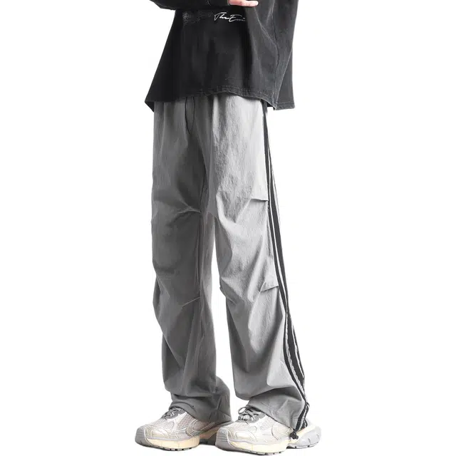 空白町 美式复古都市机能阔腿长裤子抽绳侧边多条杠宽松休闲中腰伞兵潮流百搭垂感户外通勤高级感基础款工装裤 男女同款