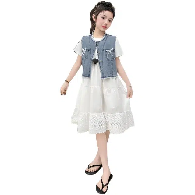 比比我女童夏装 牛仔马甲连衣裙 时尚两件套 可爱潮流  小女孩衣服 公主裙 百搭舒适