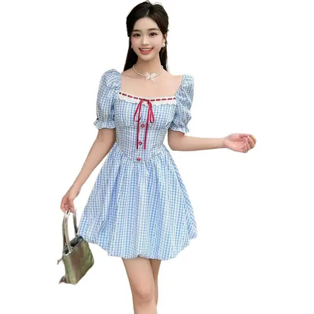 敲模女孩 可爱风夏季小清新格子收腰显瘦泡泡袖裙子 短袖连衣裙 女款