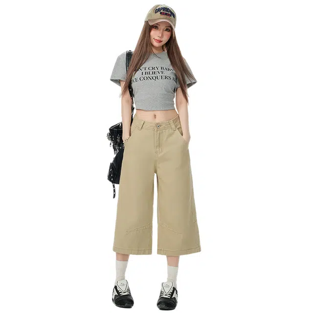 玫丝朵 美式复古纯色宽松工装高腰牛仔短裤 女款