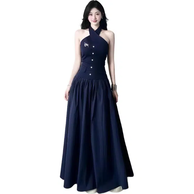 沐晓欣 法式气质交叉挂脖露背显瘦收腰吊带连衣裙 女款