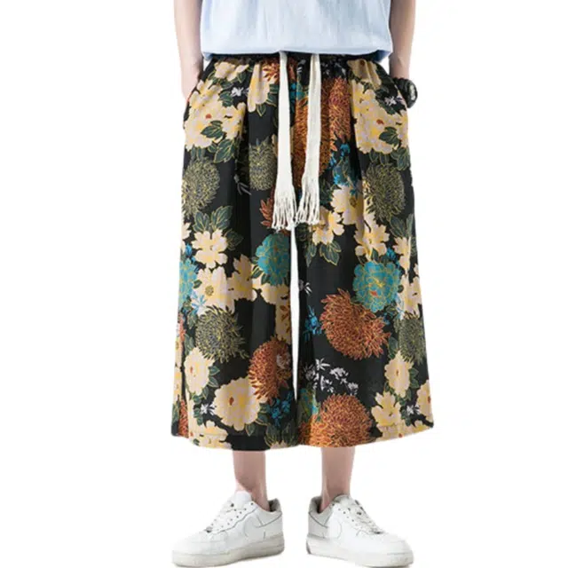 加荣 新中式复古七分裤男夏季轻薄透气潮牌青少年日常出行百搭男裤宽松休闲小众抽绳松紧腰大码中国风棉麻直筒沙滩阔腿裤短裤 男女同款