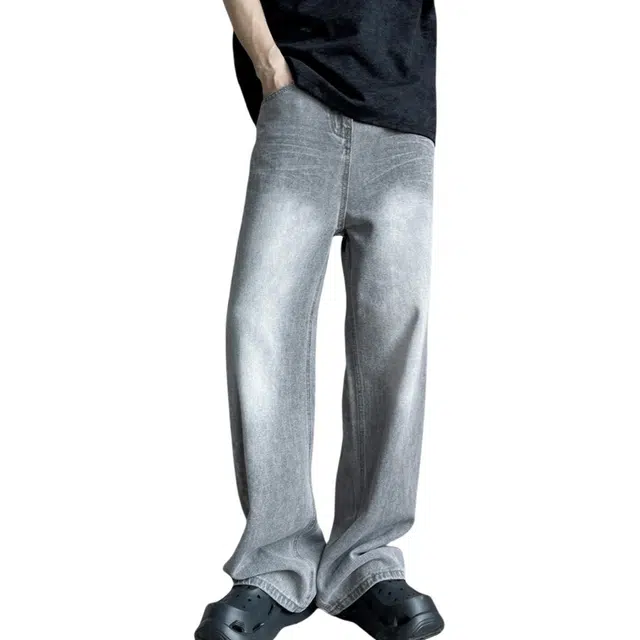 冈哉 复古个性潮流高街水洗做旧基础款百搭款高级感潮牌阔腿拖地裤舒适透气直筒弯刀裤宽松通勤休闲牛仔裤 男女同款