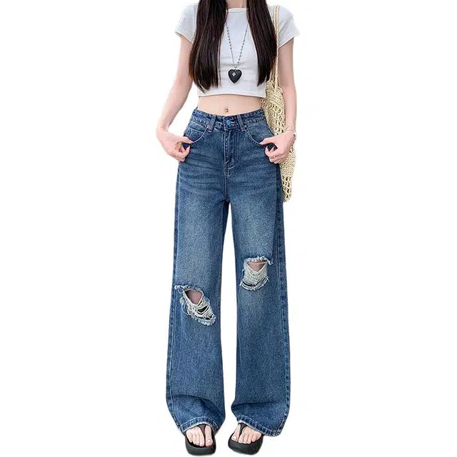 柏黛妃 极简风设计感高腰显瘦破洞宽松阔腿牛仔裤 女款