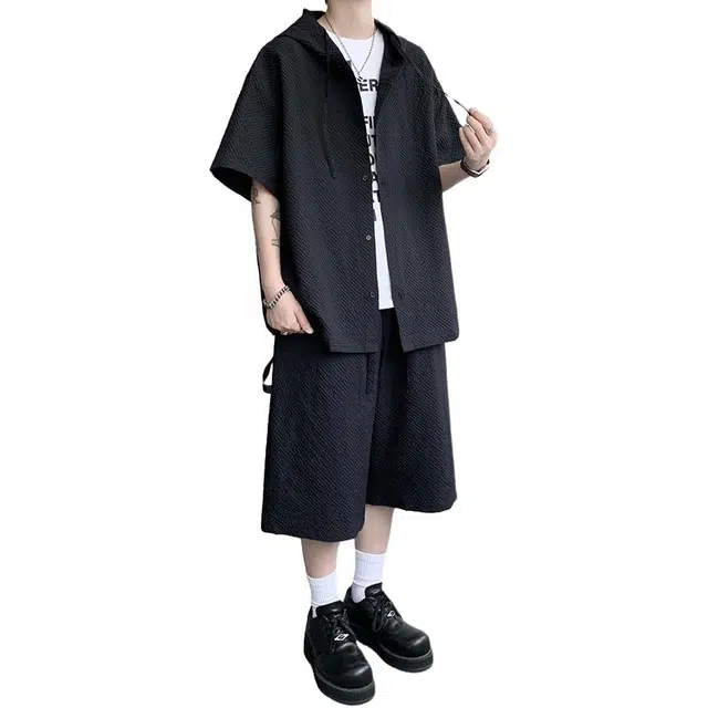 加荣 美式冰丝速干肌理感连帽短袖夏季轻薄透气潮牌青少年户外出行通勤百搭小众设计感大码休闲衬衫 男女同款