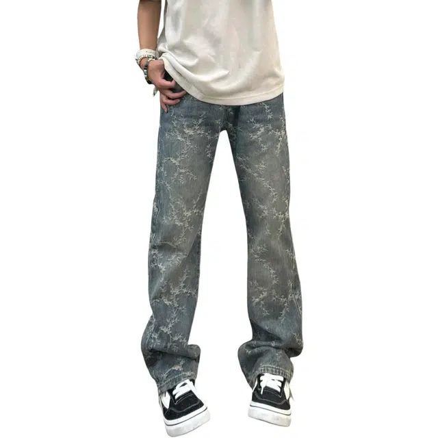 冈哉 美式复古高街手工磨破刺绣高级感潮牌水洗做旧阔腿拖地裤舒适透气直筒宽松通勤休闲牛仔裤 男女同款