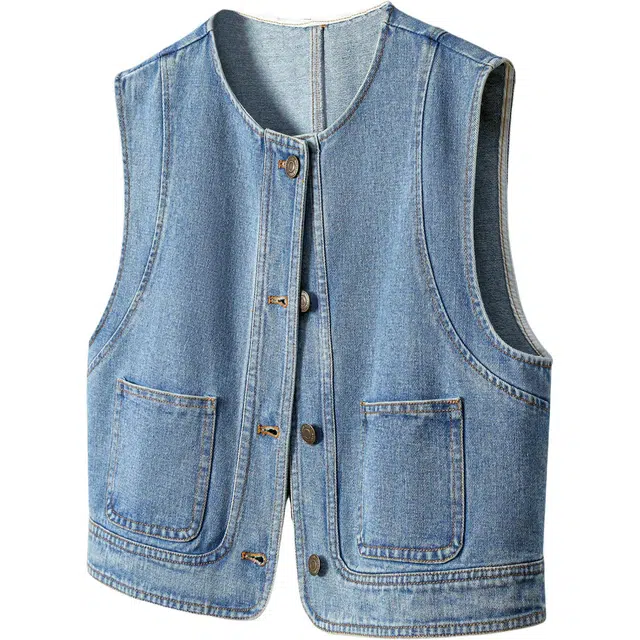 她池 通勤复古风圆领单排扣短款叠穿牛仔无袖马甲 女款