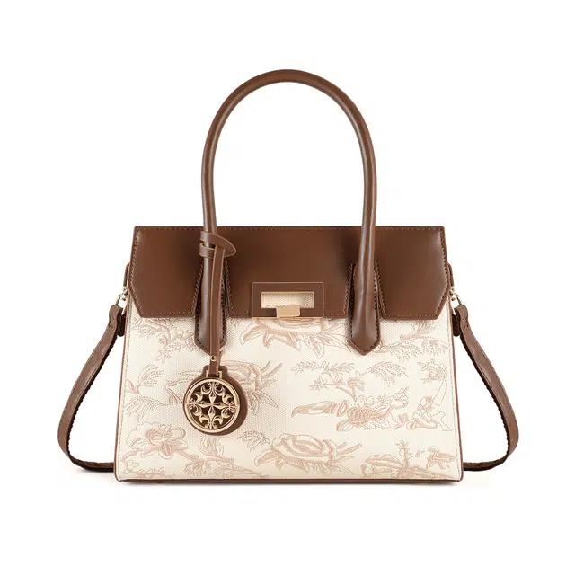 维尼奥 品牌大气国风刺绣妈妈包高颜值新中式时尚优雅母亲气质女包简约百搭休闲通勤包 合成革 手提包单肩斜挎 女款 棕白