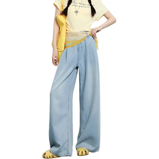 法文箱子 宽松通勤垂感纯色高腰长裤牛仔裤 女款