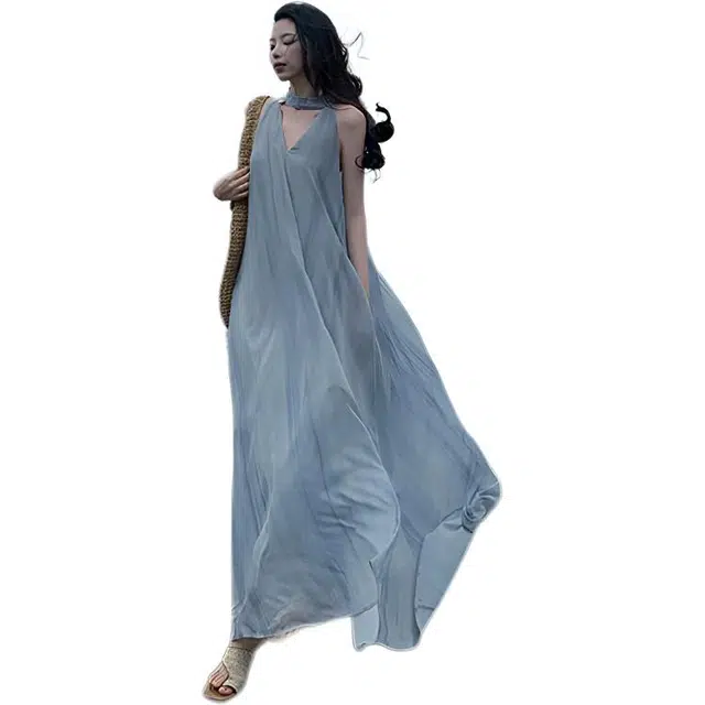 缪斯的诱惑 高级不撞款度假风薄纱挂脖裙夏季背心长裙子无袖连衣裙 女款