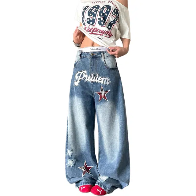 么宁 美式设计感小众贴布字母星星弯刀阔腿宽松拖地长裤子牛仔裤 女款