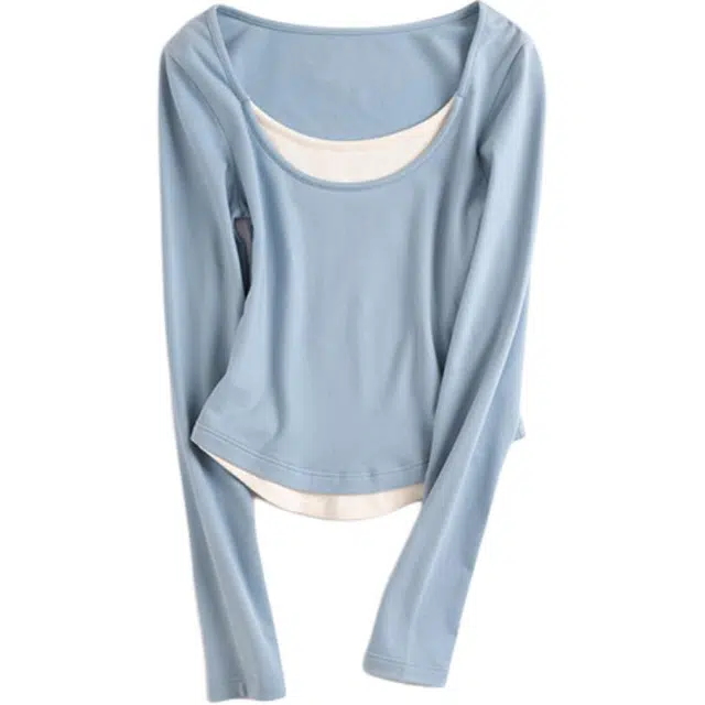 靴下物 圆领修身长袖简约保暖上衣假两件打底衫 女款