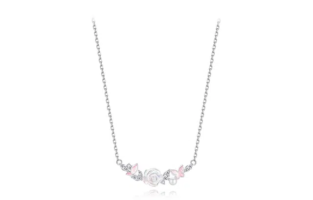 牧言 白山茶与蝴蝶套装 甜美气质森系小众浪漫高级感 立体极光花朵蝴蝶闪耀水滴微笑弧度圆珠#好运 合金 项链 女款