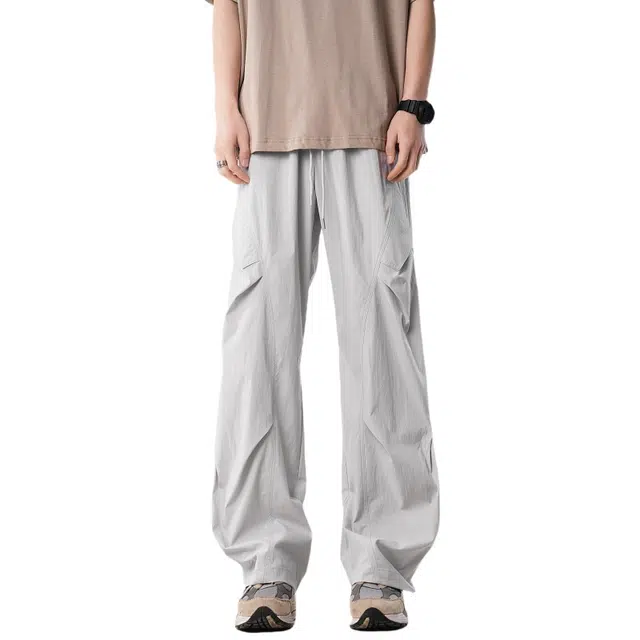 加荣 美式褶皱设计运动裤轻薄透气潮牌速干青少年日常出行通勤百搭伞兵小众高级感直筒休闲裤长裤工装裤 男女同款