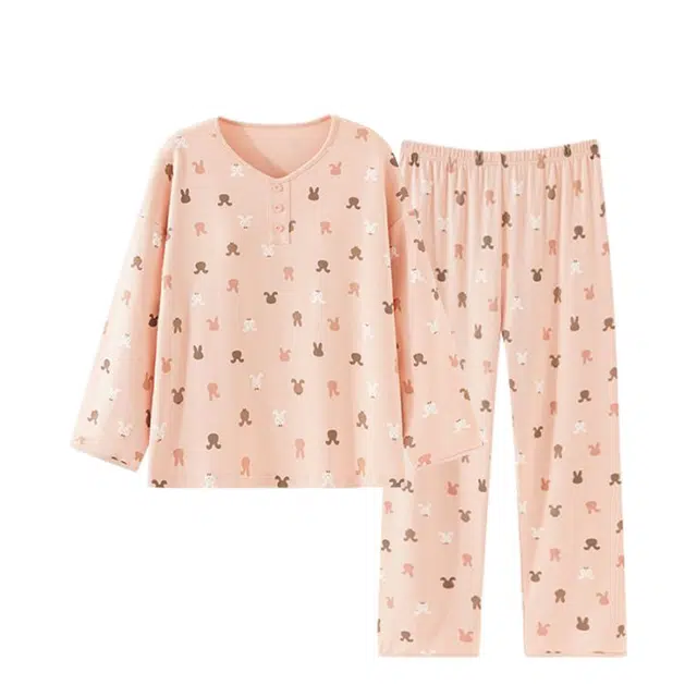 俏韵 圆领卡通春秋季仿棉长袖长裤甜美休闲薄款家居服可外穿睡衣套装 女款