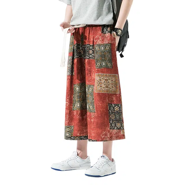 加荣 新中式复古七分裤男夏季轻薄透气潮牌青少年日常出行百搭男裤宽松休闲小众抽绳松紧腰大码中国风棉麻直筒沙滩阔腿裤短裤 男女同款