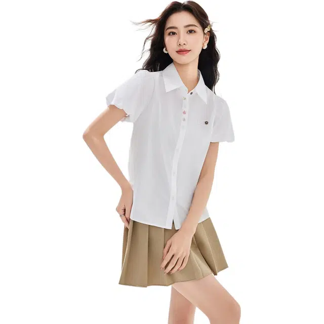 爱依服 简约纯色休闲通勤短袖衬衫 女款