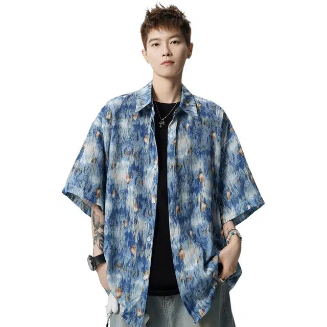 加荣 多巴胺穿搭扎染速干短袖夏季轻薄透气潮牌青少年户外出行通勤百搭港风复古设计感花冰丝外套衬衫 男女同款