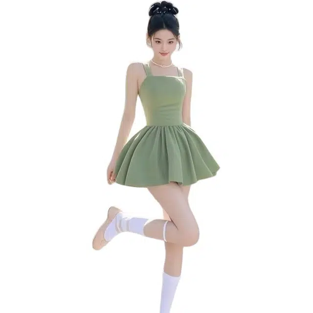 沐晓欣 纯色合身适中一字领吊带连衣裙 女款